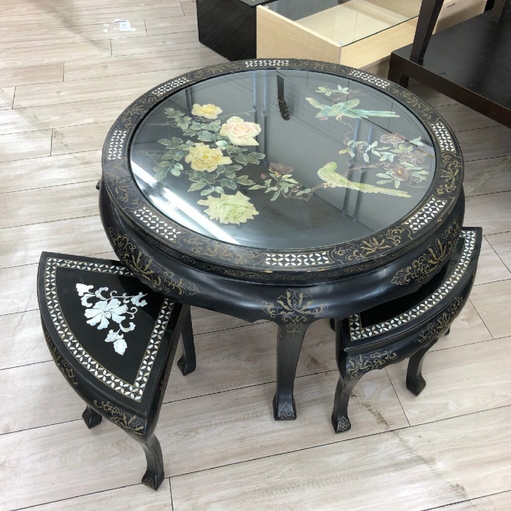 螺鈿細工 テーブル&椅子セット 花鳥図 鶯 伝統工芸 アンティーク 中国 