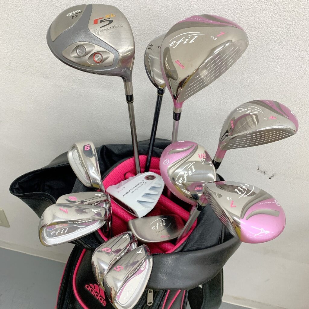 レディース ゴルフセット 右利き用 mizuno efil アイアン 7-9/P/S Taylormade パター ST-72 ドライバー r5 XL ピンク系