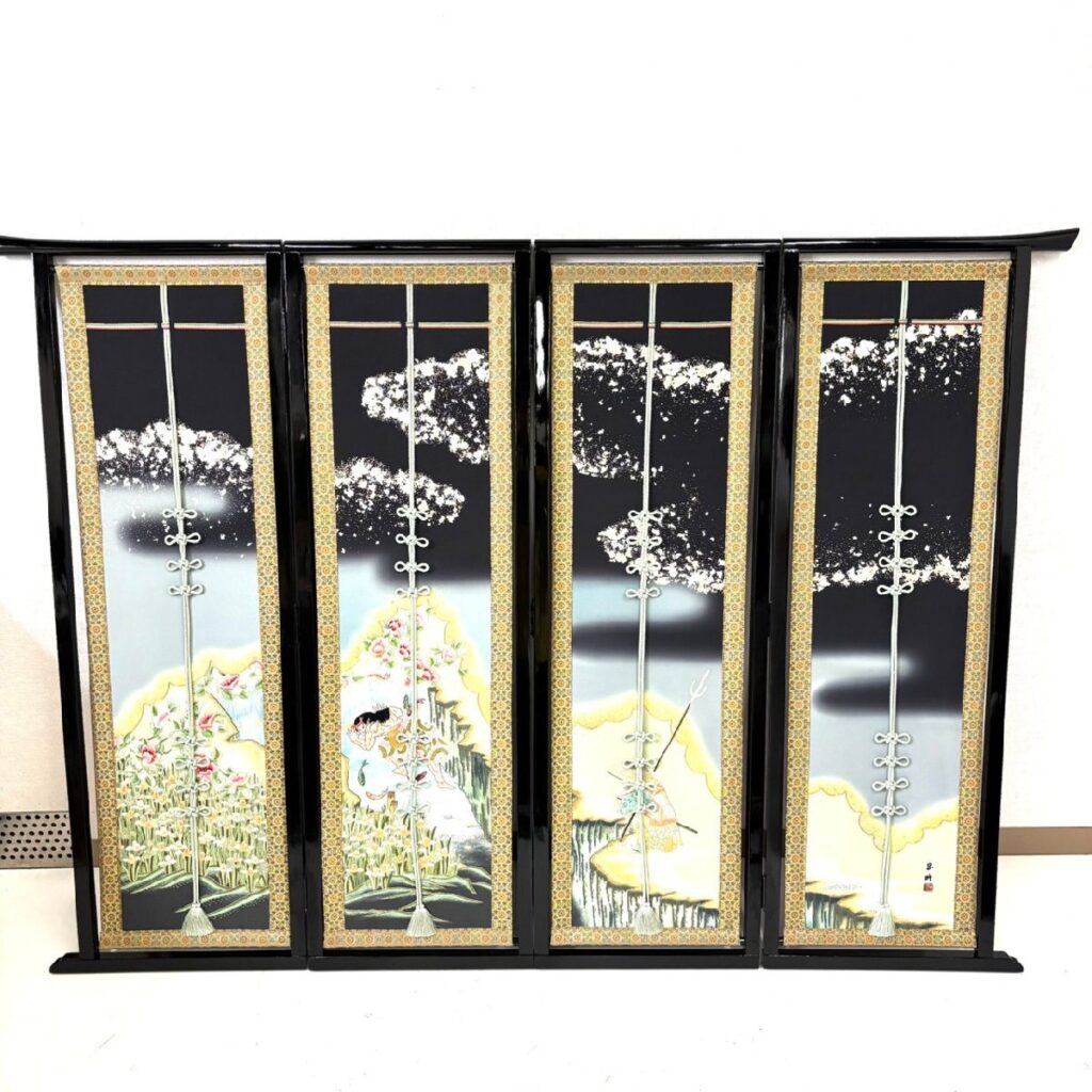 衝立 几帳 絹シルク張り 手刺繍 大判 4枚連 詳細不明