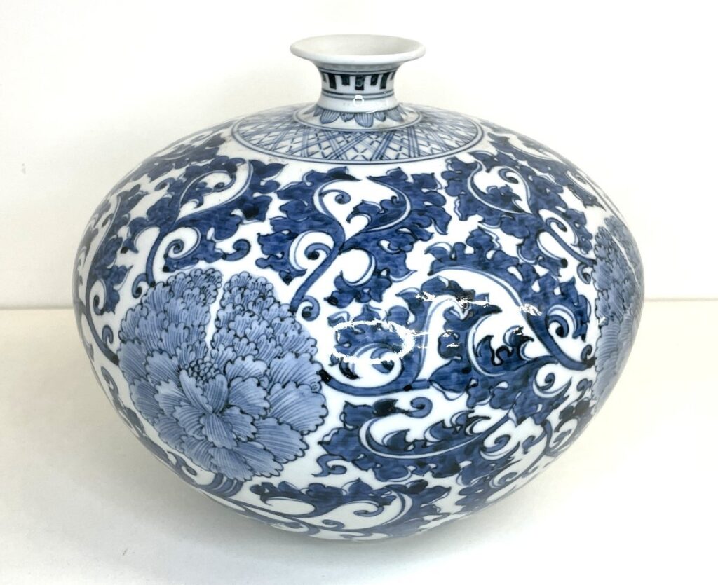 九谷 万平窯 染付 花瓶 花器 壺