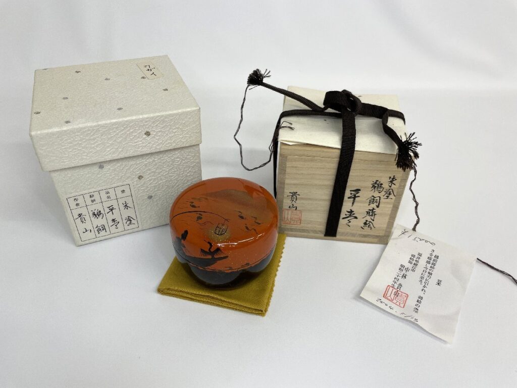中林貴山 造 朱塗 鵜飼蒔絵 平棗 共箱 茶道具 茶器 鵜飼 棗